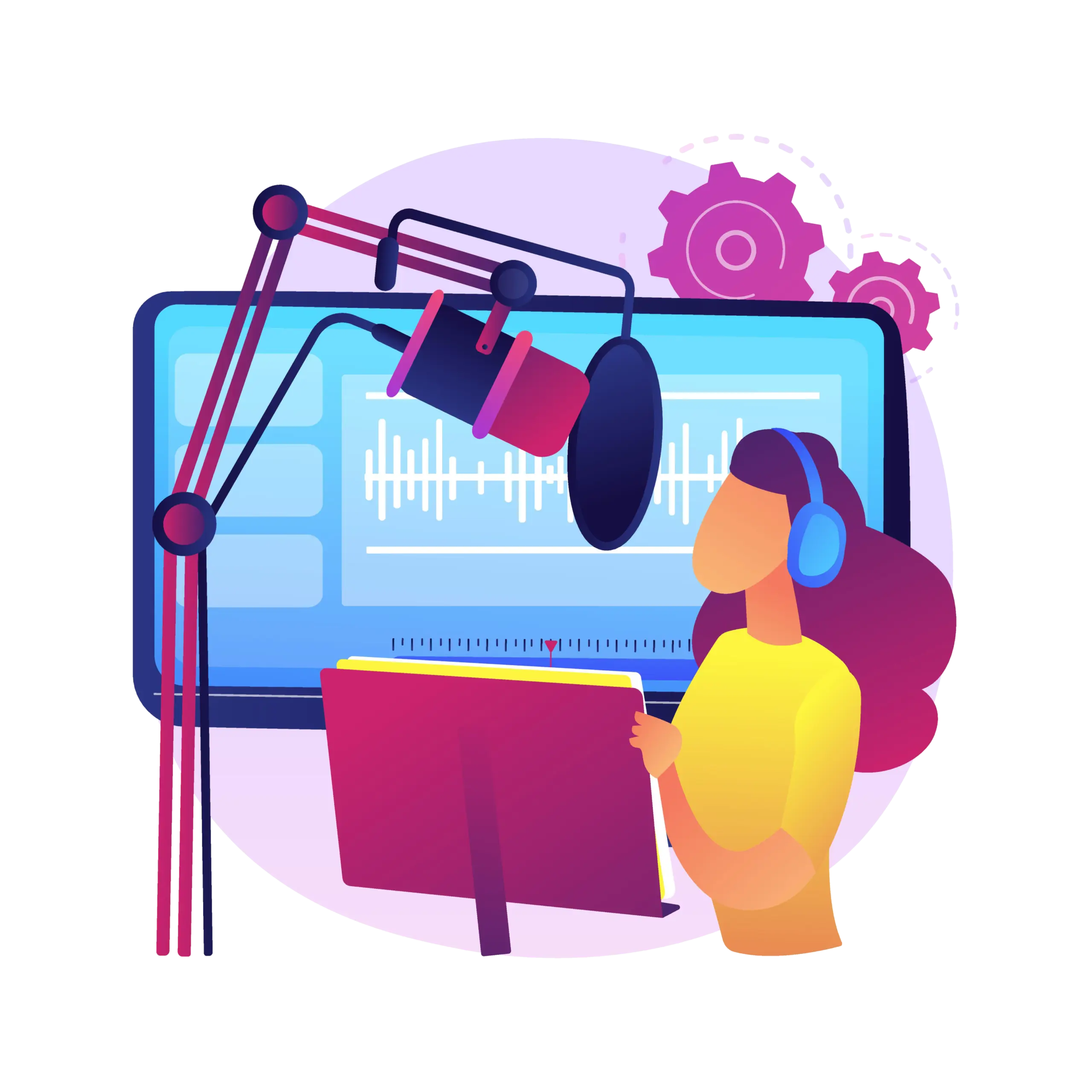 evtrax voiceover logo of a cartoon woman in a voice recording studio